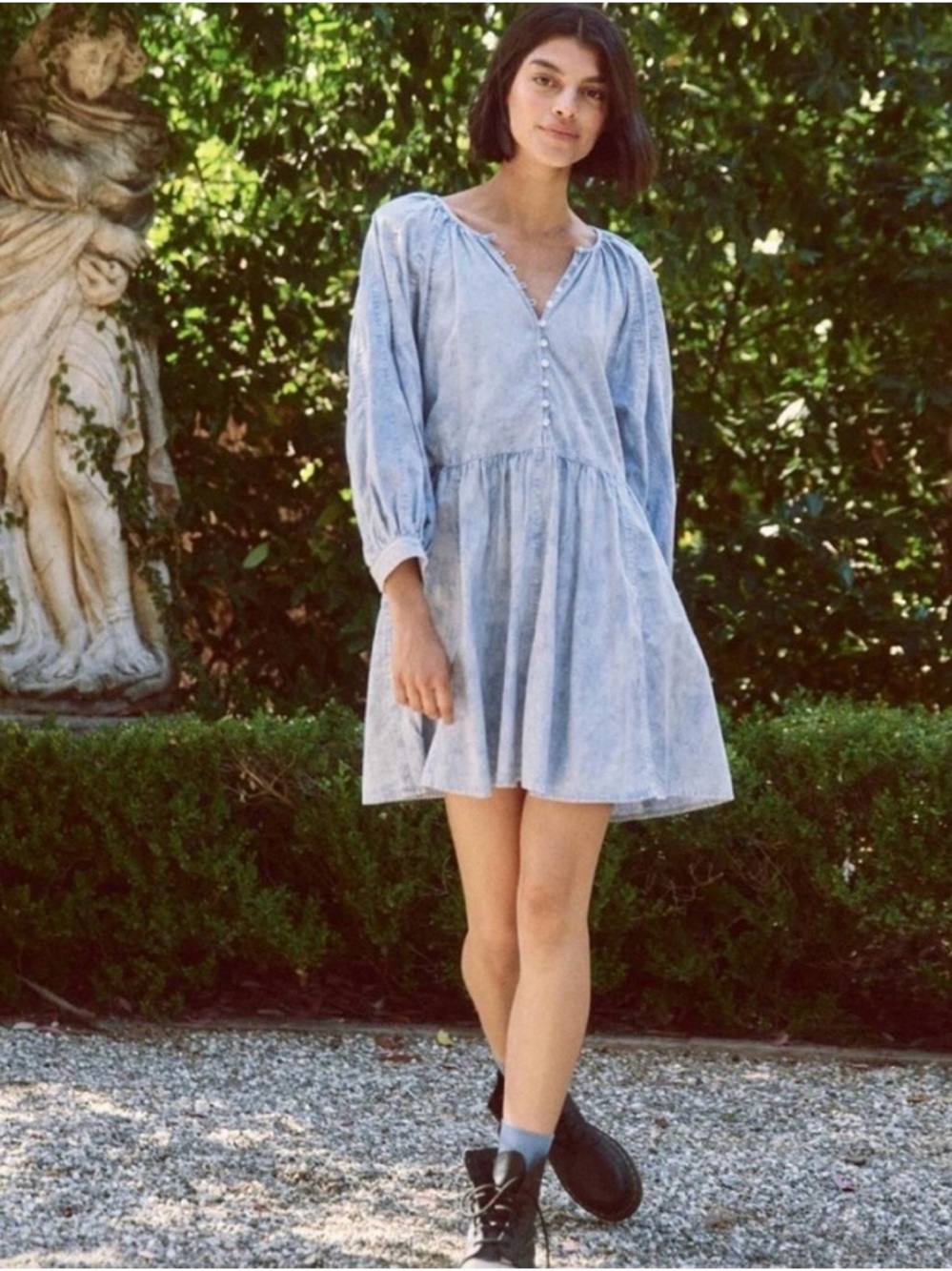 The Great. Coast Walk Dress Babydoll Ribbed Puff Sleeve Mottled Wash SZ 2 M